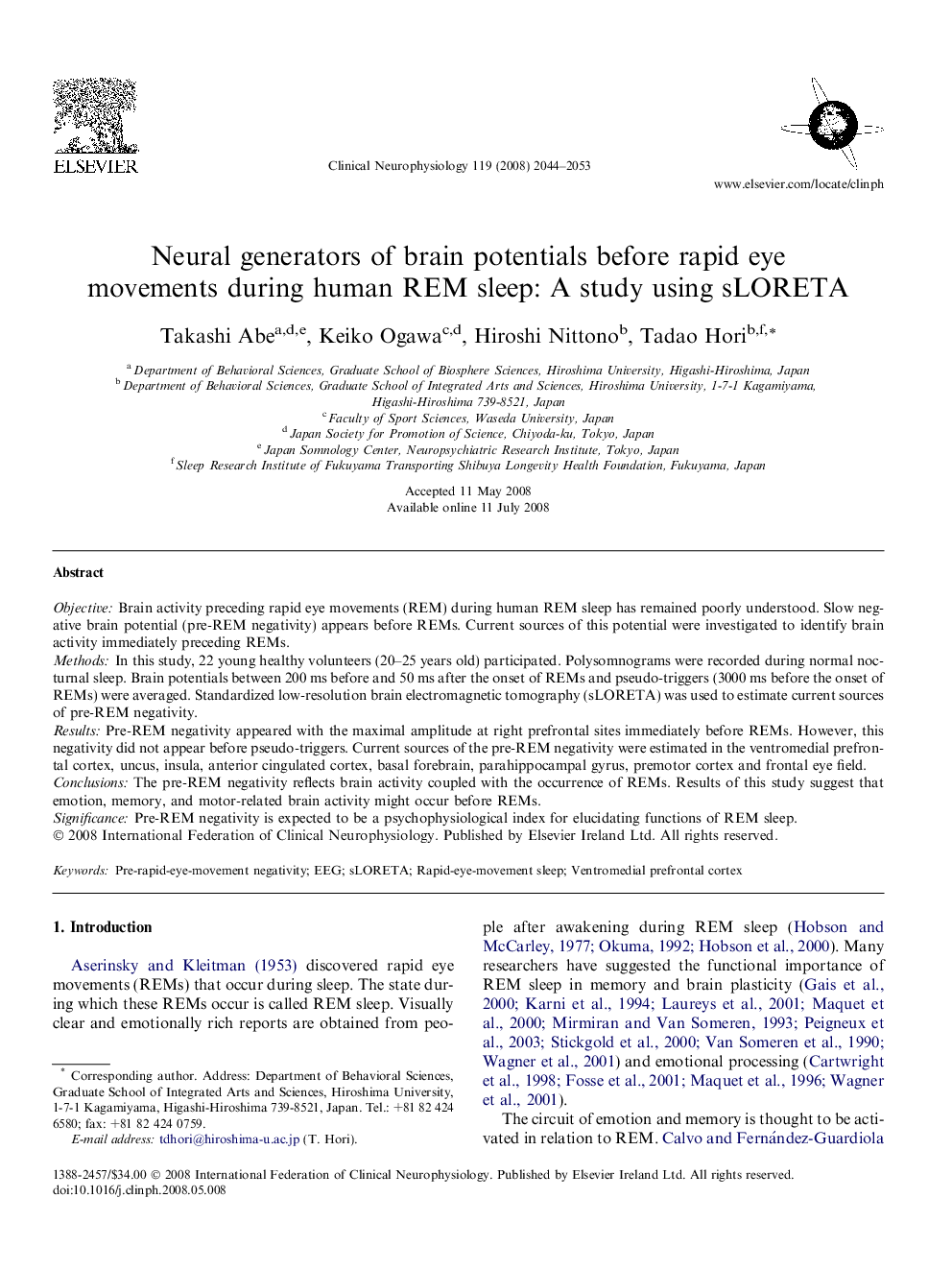 Neural generators of brain potentials before rapid eye movements during human REM sleep: A study using sLORETA