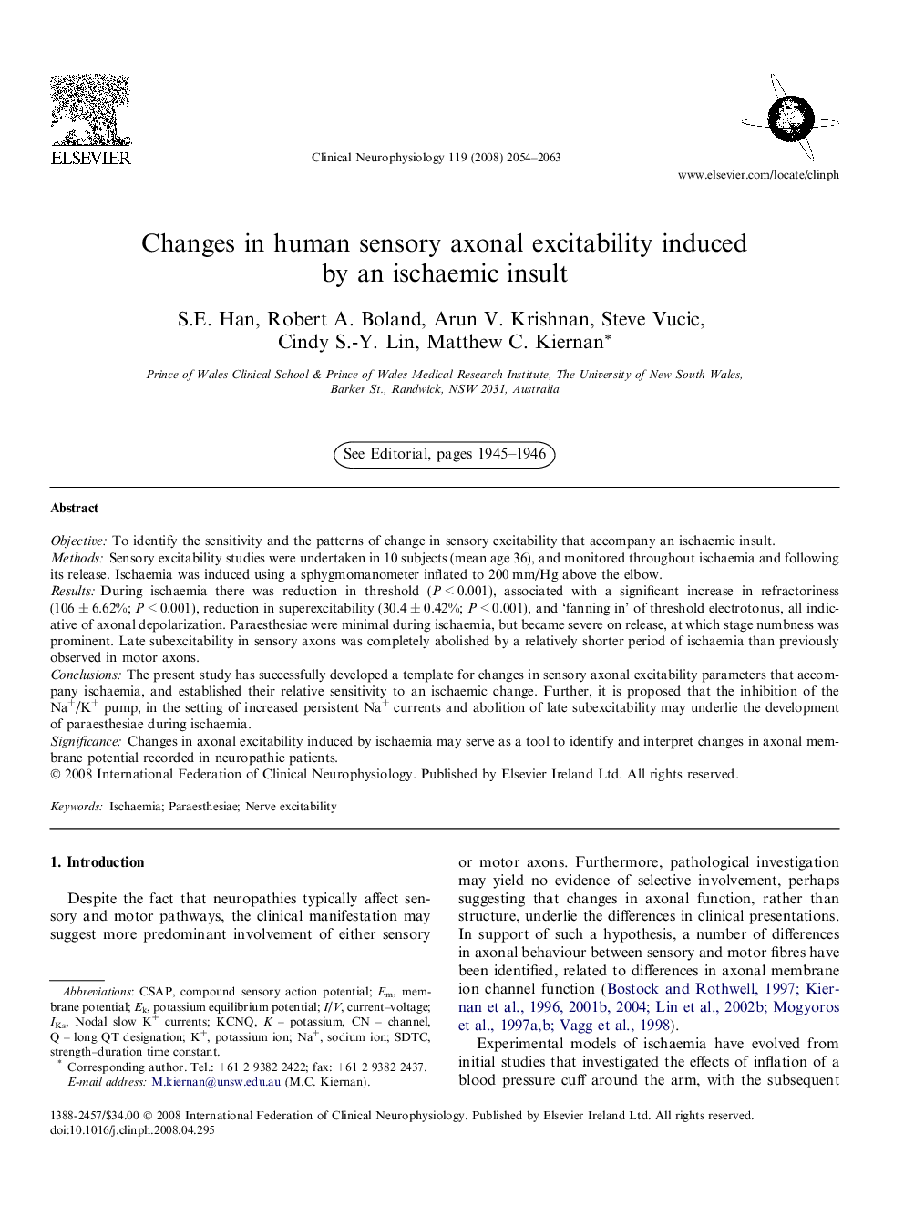 Changes in human sensory axonal excitability induced by an ischaemic insult