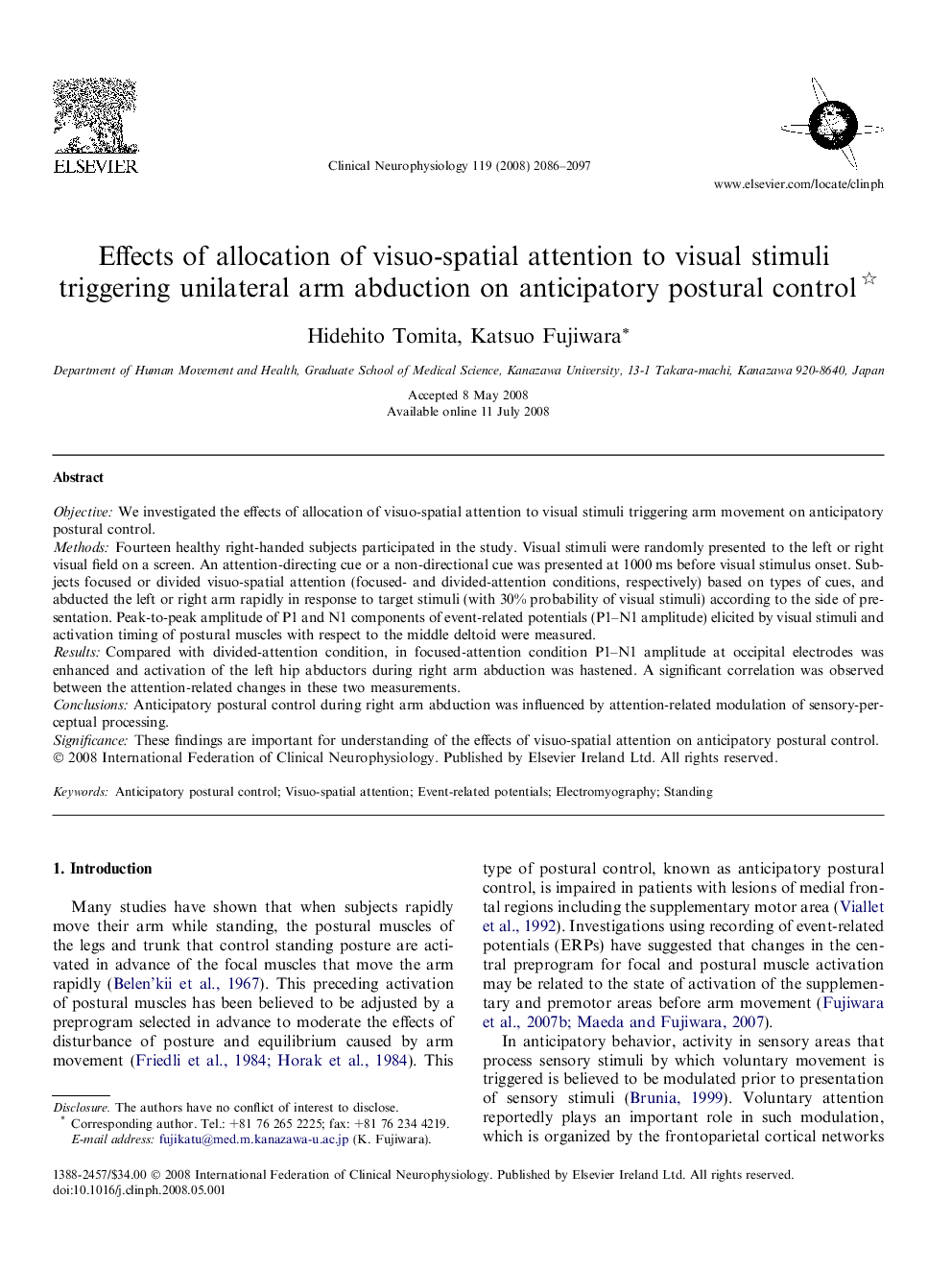 Effects of allocation of visuo-spatial attention to visual stimuli triggering unilateral arm abduction on anticipatory postural control