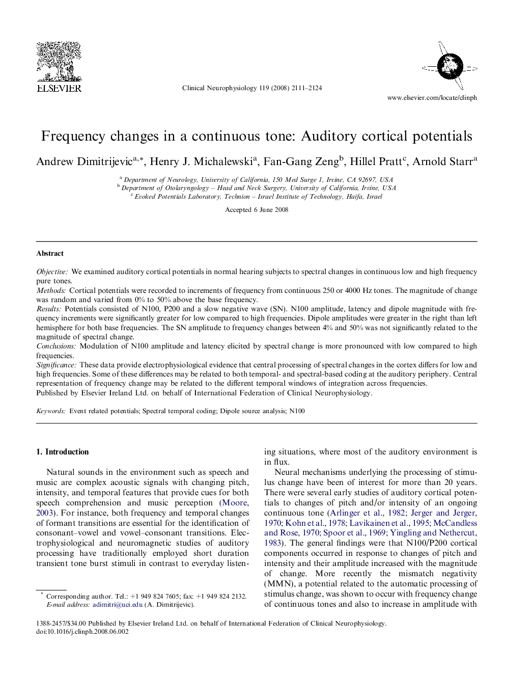 Frequency changes in a continuous tone: Auditory cortical potentials