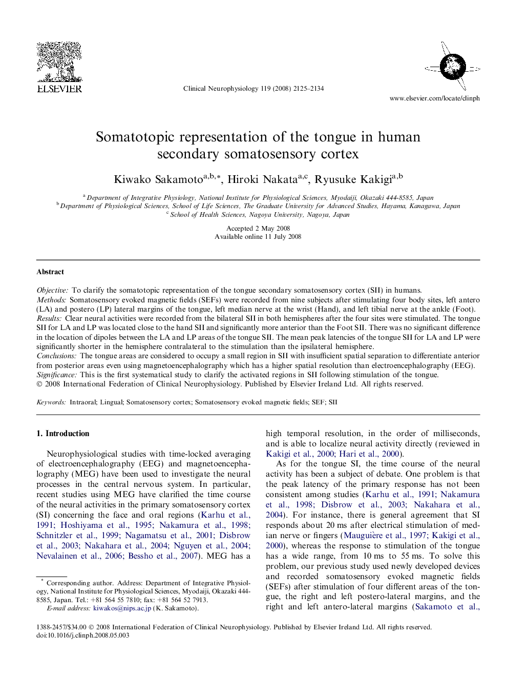 Somatotopic representation of the tongue in human secondary somatosensory cortex