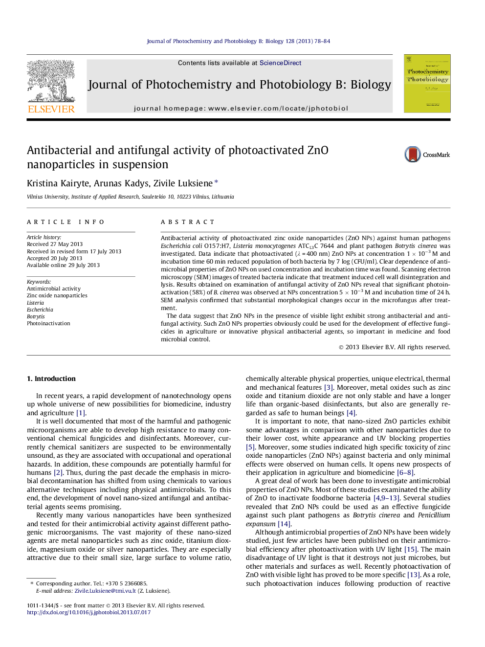 Antibacterial and antifungal activity of photoactivated ZnO nanoparticles in suspension