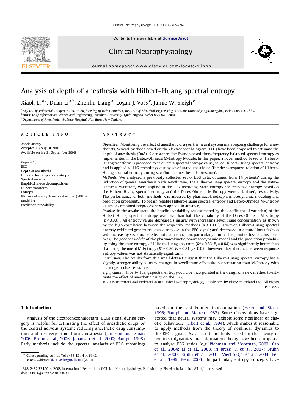 Analysis of depth of anesthesia with Hilbert–Huang spectral entropy