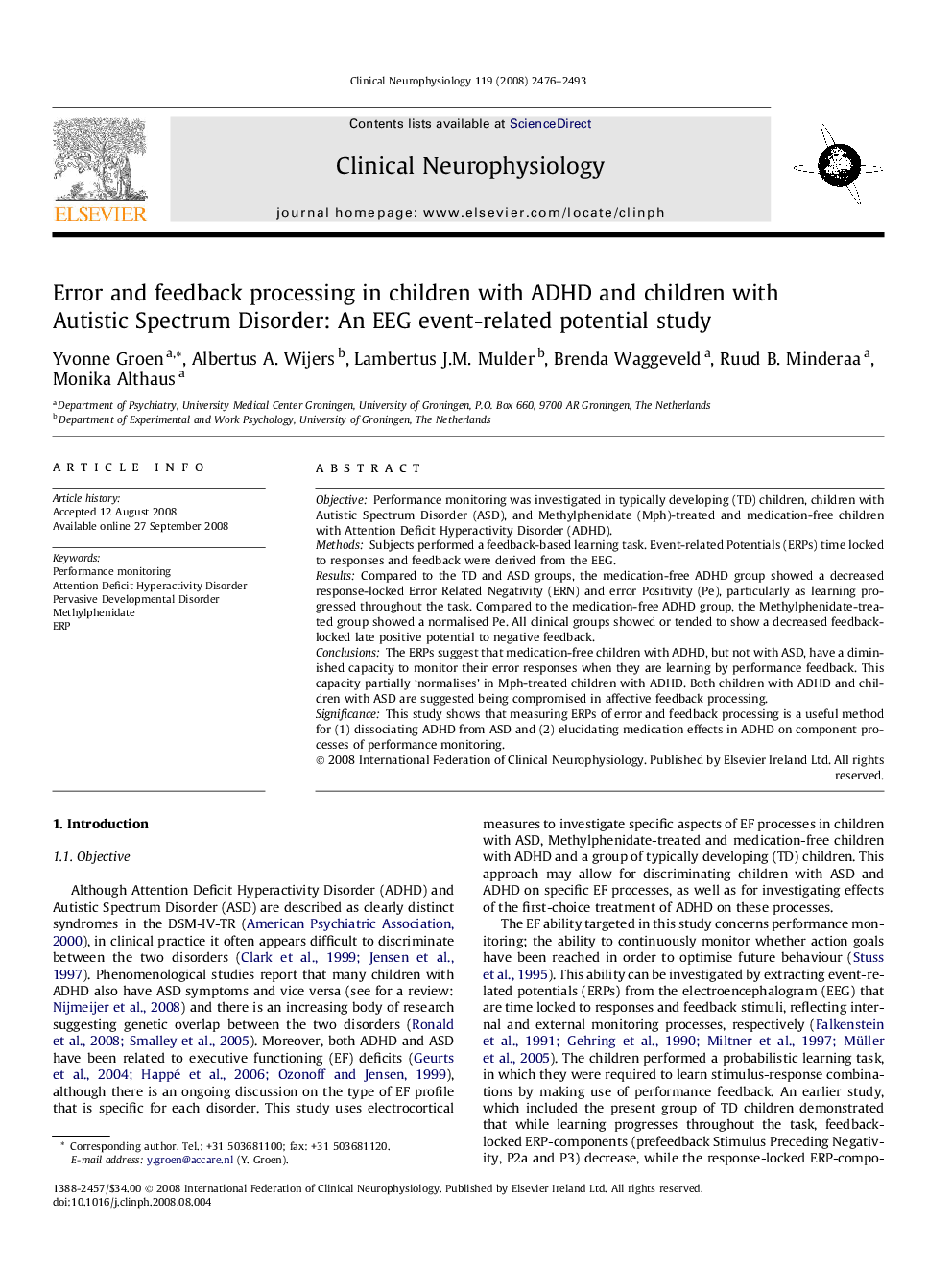 Error and feedback processing in children with ADHD and children with Autistic Spectrum Disorder: An EEG event-related potential study