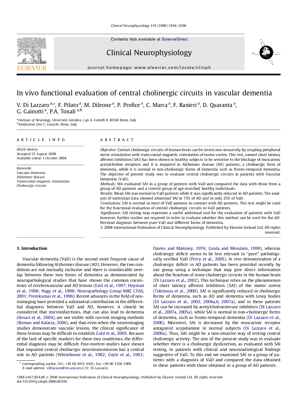 In vivo functional evaluation of central cholinergic circuits in vascular dementia