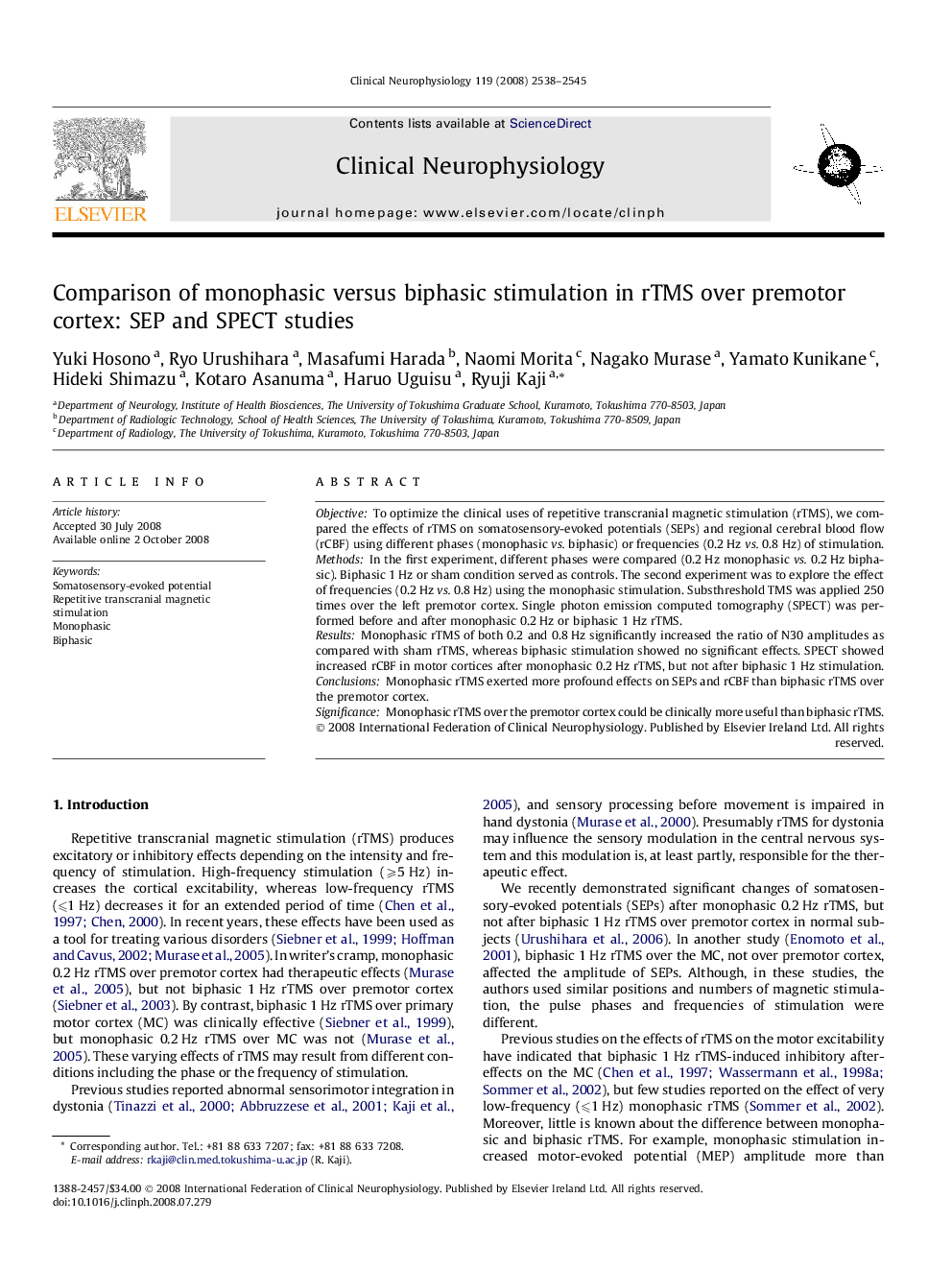 Comparison of monophasic versus biphasic stimulation in rTMS over premotor cortex: SEP and SPECT studies