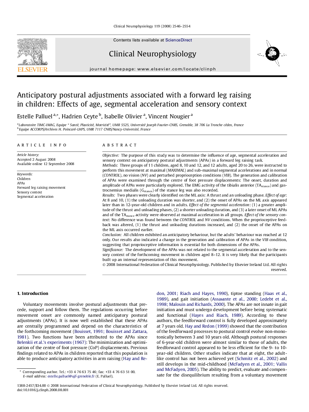 Anticipatory postural adjustments associated with a forward leg raising in children: Effects of age, segmental acceleration and sensory context