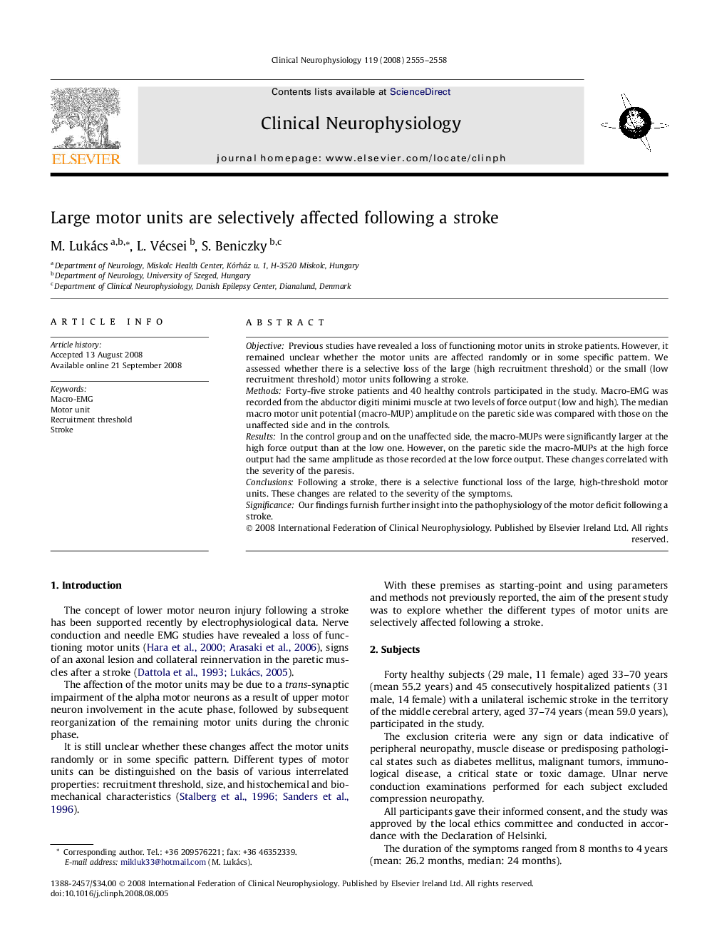 Large motor units are selectively affected following a stroke