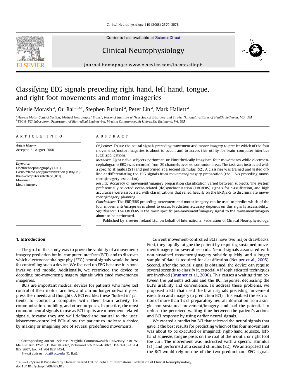 Classifying EEG signals preceding right hand, left hand, tongue, and right foot movements and motor imageries