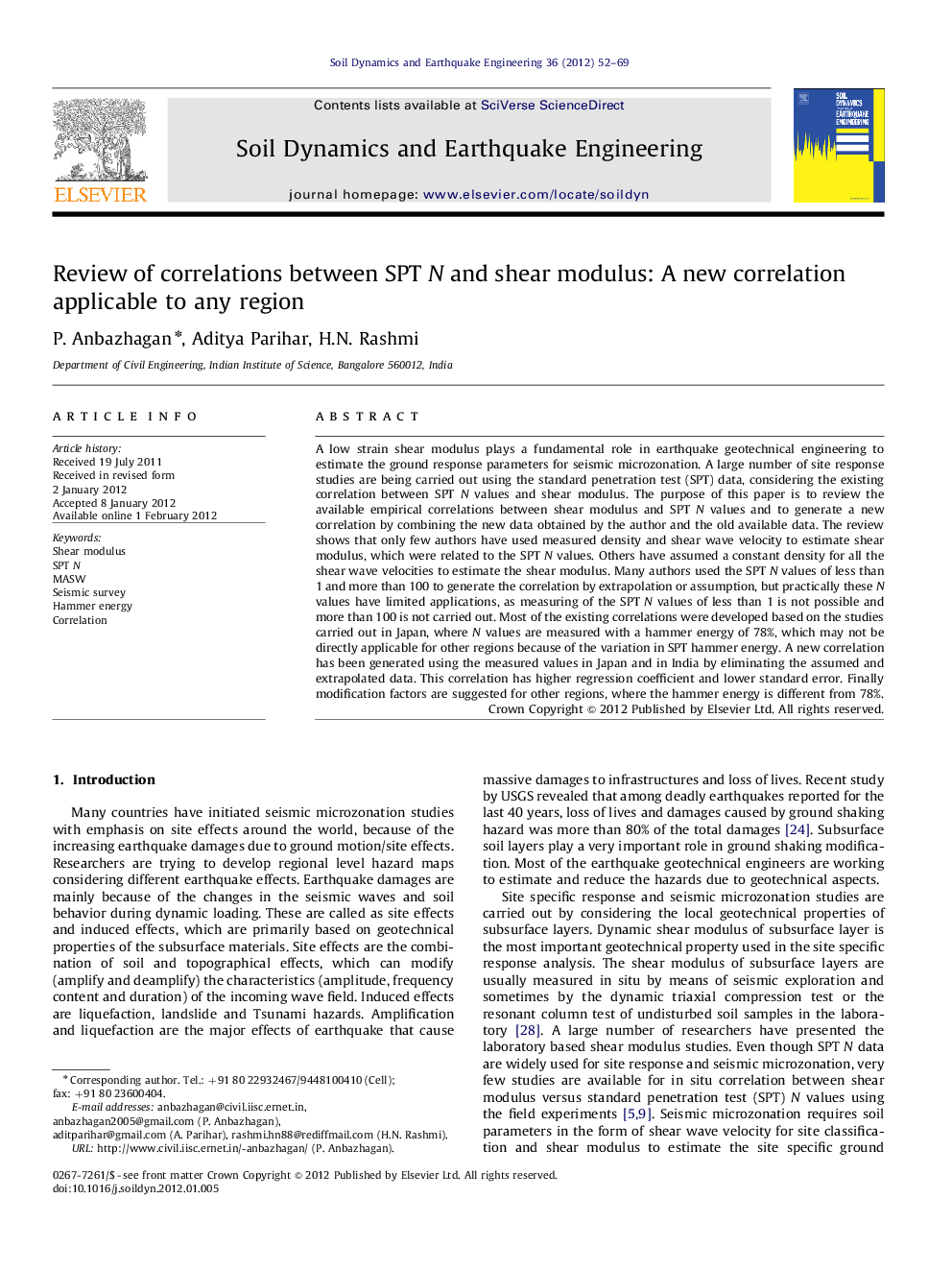 Review of correlations between SPT N and shear modulus: A new correlation applicable to any region