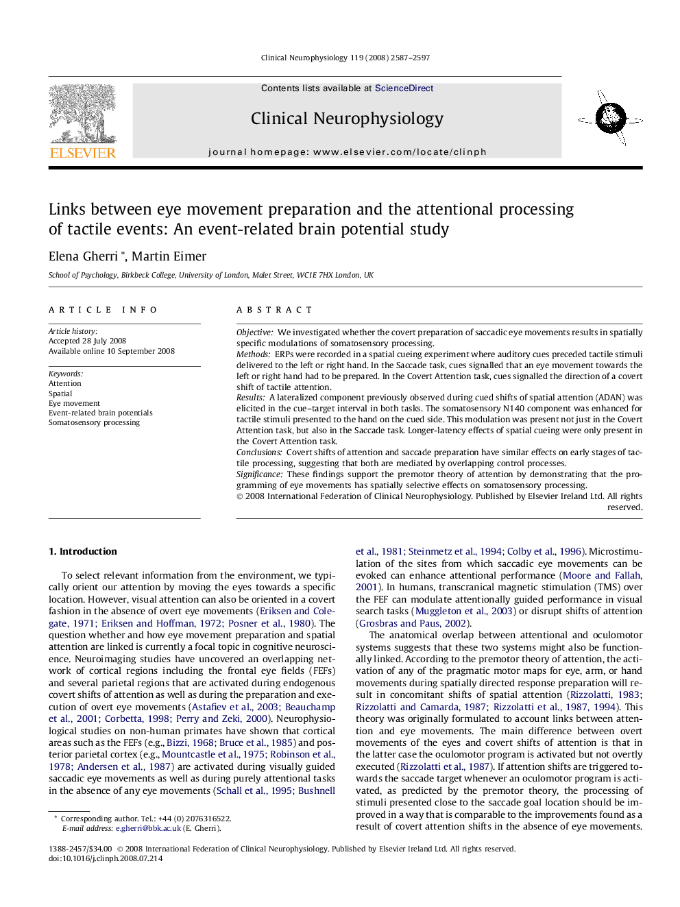 Links between eye movement preparation and the attentional processing of tactile events: An event-related brain potential study