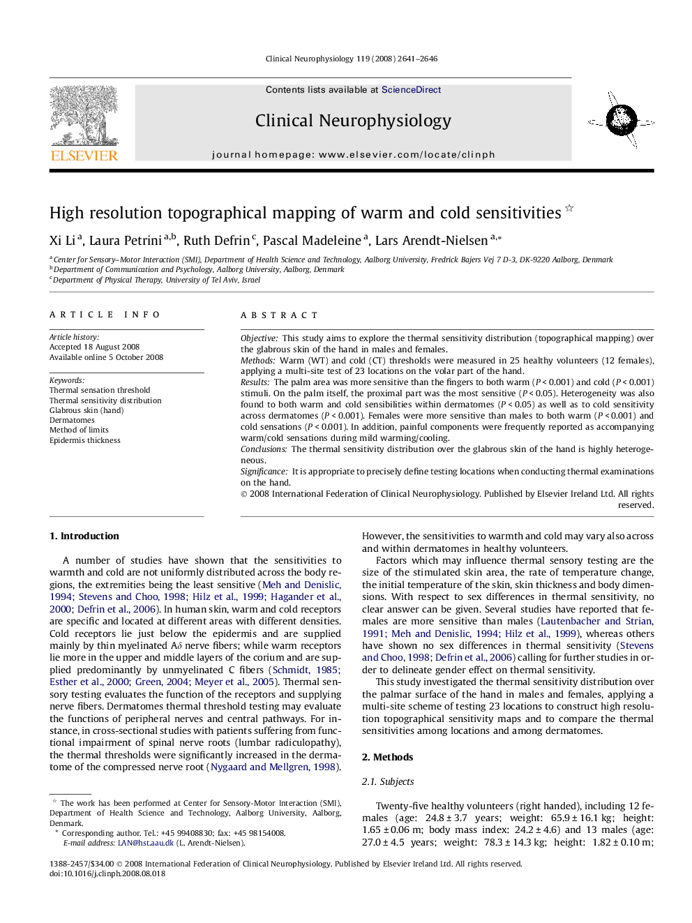 High resolution topographical mapping of warm and cold sensitivities 