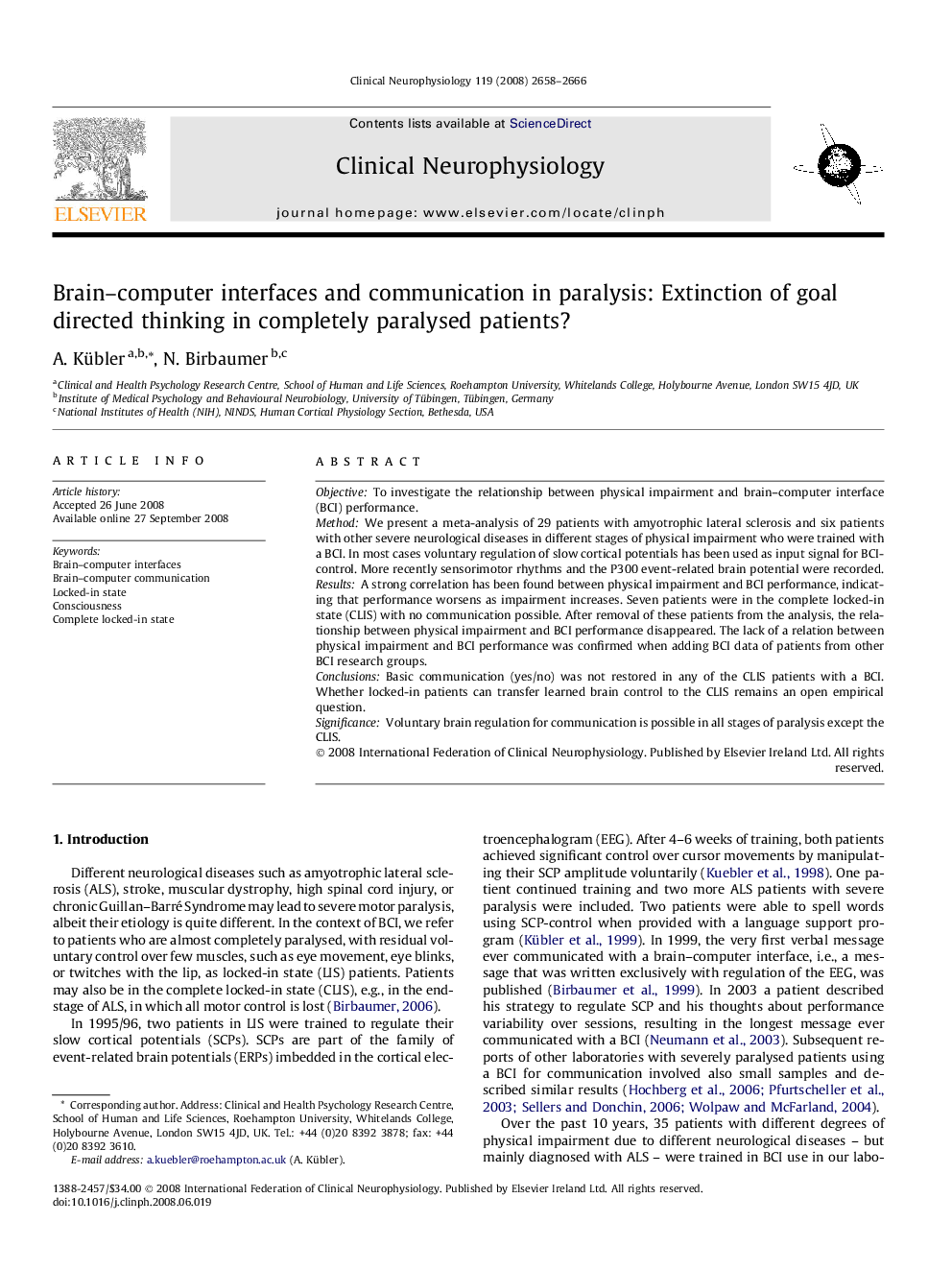 Brain–computer interfaces and communication in paralysis: Extinction of goal directed thinking in completely paralysed patients?