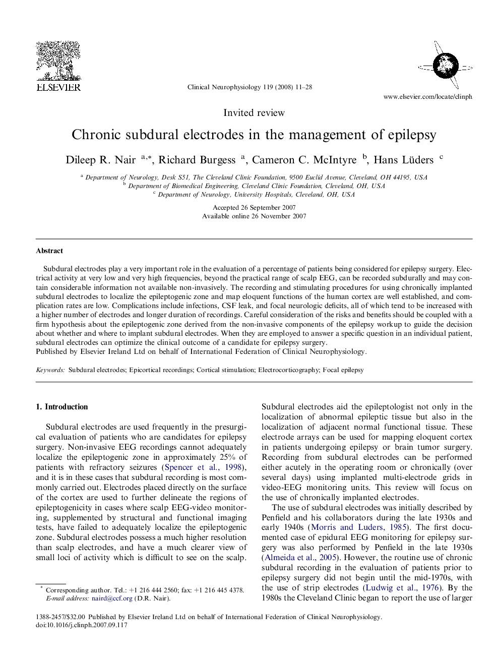 Chronic subdural electrodes in the management of epilepsy