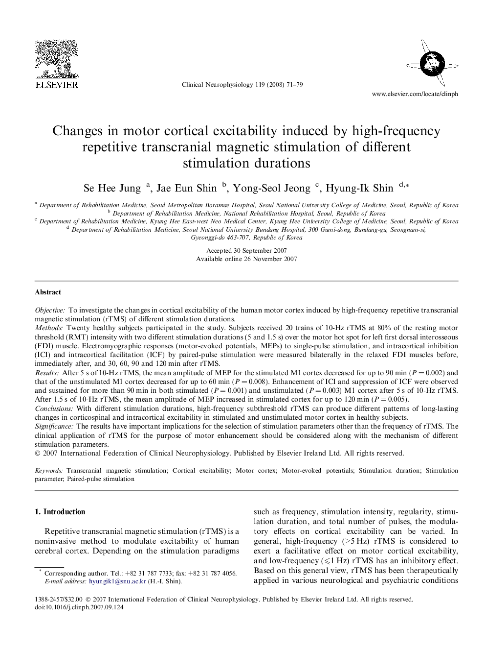 Changes in motor cortical excitability induced by high-frequency repetitive transcranial magnetic stimulation of different stimulation durations