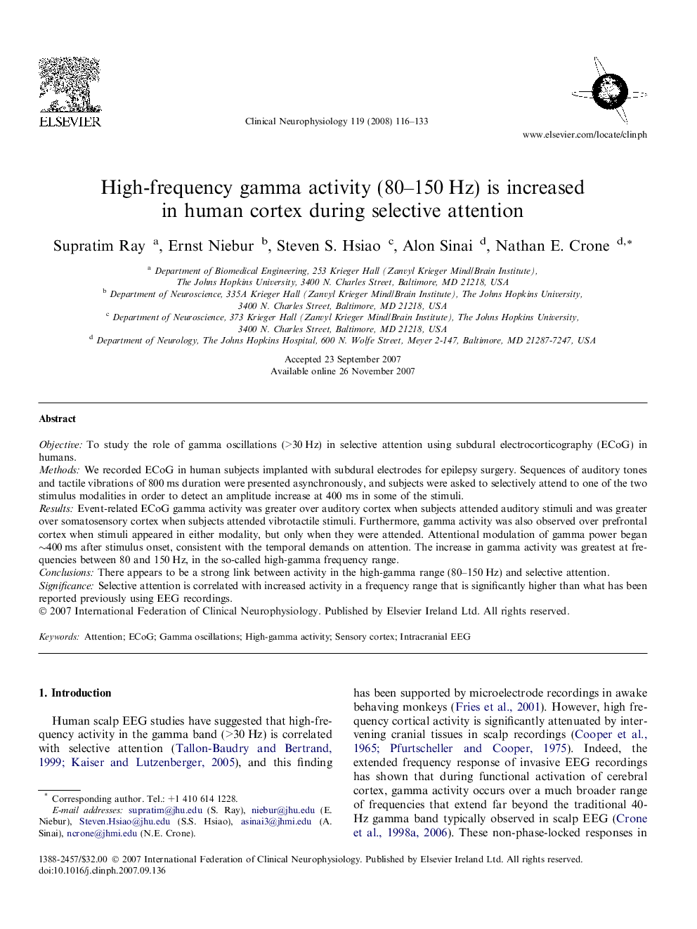 High-frequency gamma activity (80–150 Hz) is increased in human cortex during selective attention