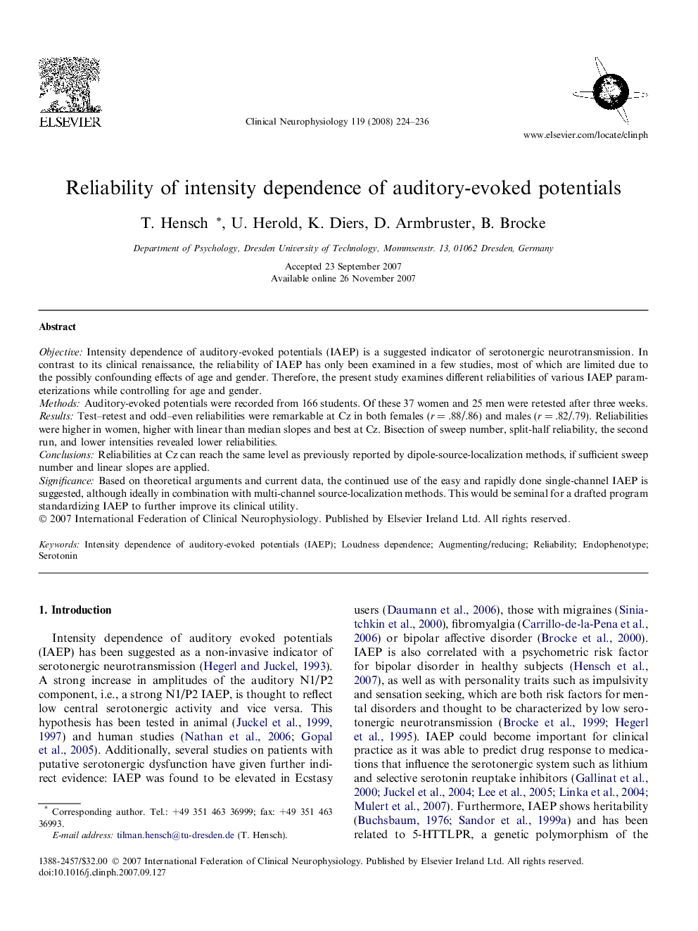 Reliability of intensity dependence of auditory-evoked potentials