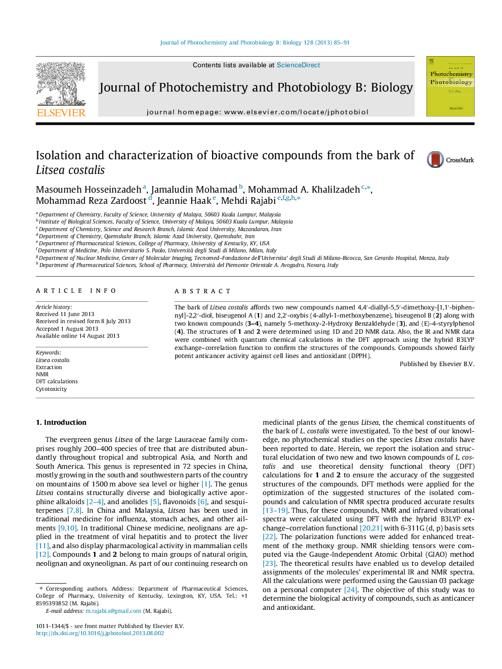 Isolation and characterization of bioactive compounds from the bark of Litsea costalis