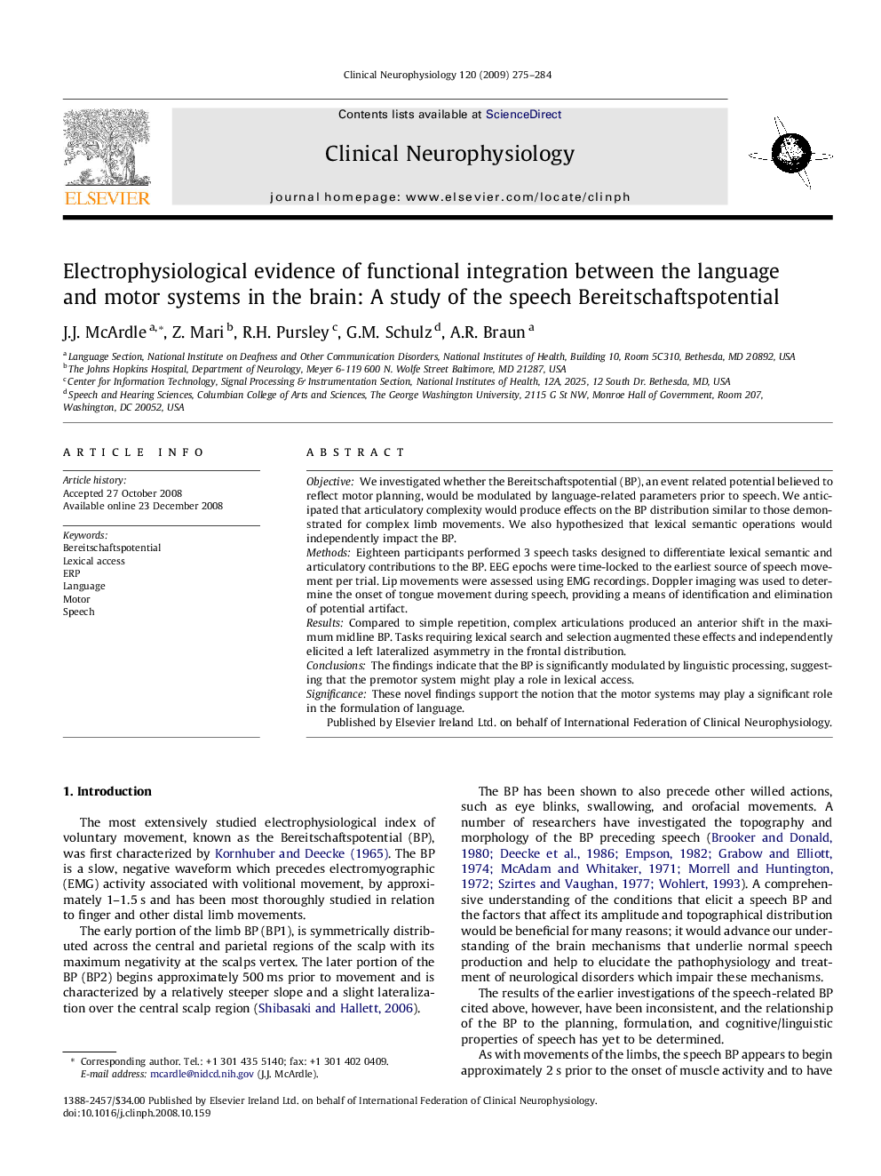 Electrophysiological evidence of functional integration between the language and motor systems in the brain: A study of the speech Bereitschaftspotential