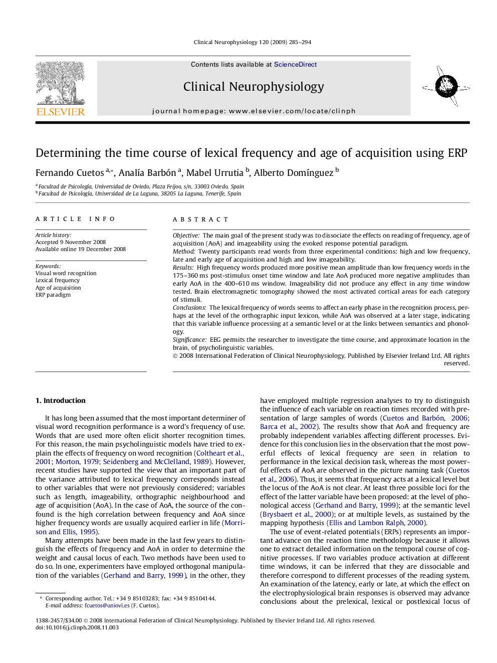 Determining the time course of lexical frequency and age of acquisition using ERP