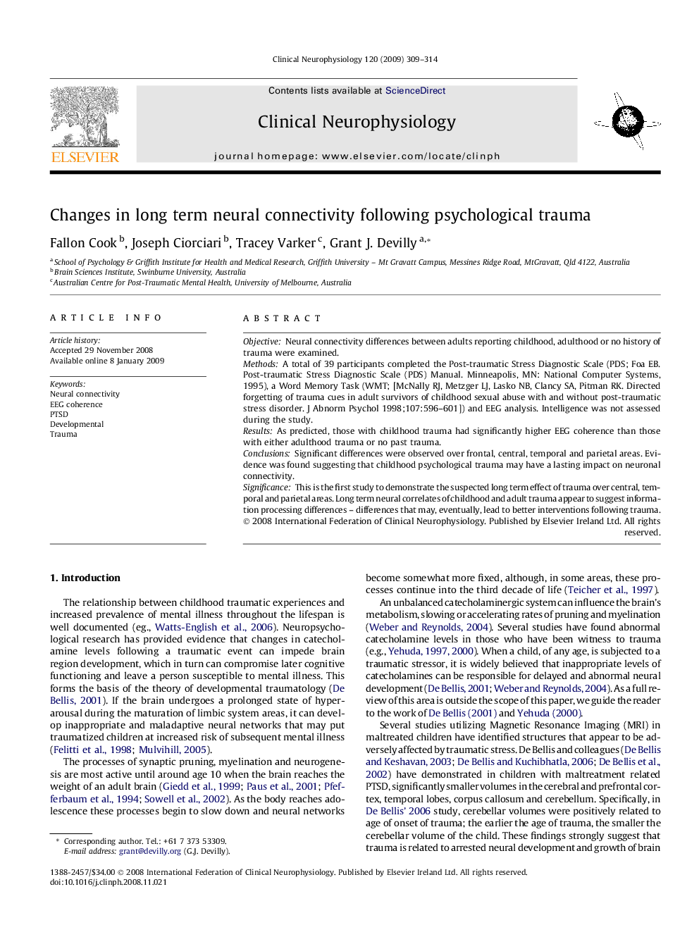 Changes in long term neural connectivity following psychological trauma