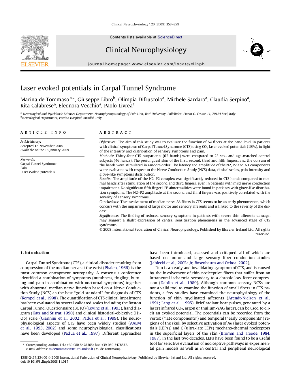 Laser evoked potentials in Carpal Tunnel Syndrome