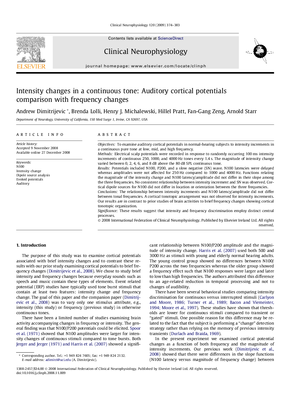 Intensity changes in a continuous tone: Auditory cortical potentials comparison with frequency changes