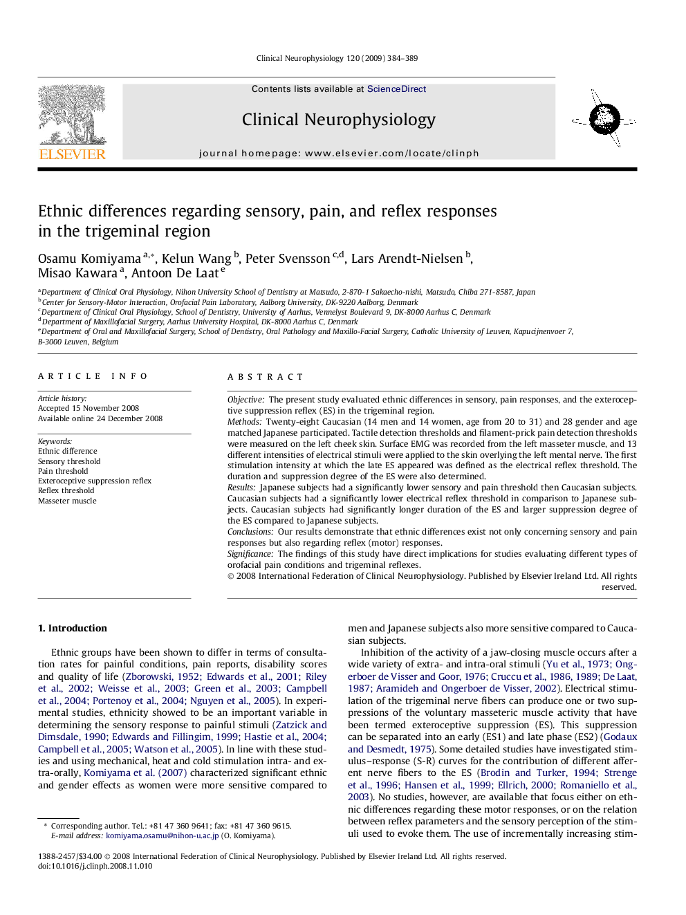 Ethnic differences regarding sensory, pain, and reflex responses in the trigeminal region