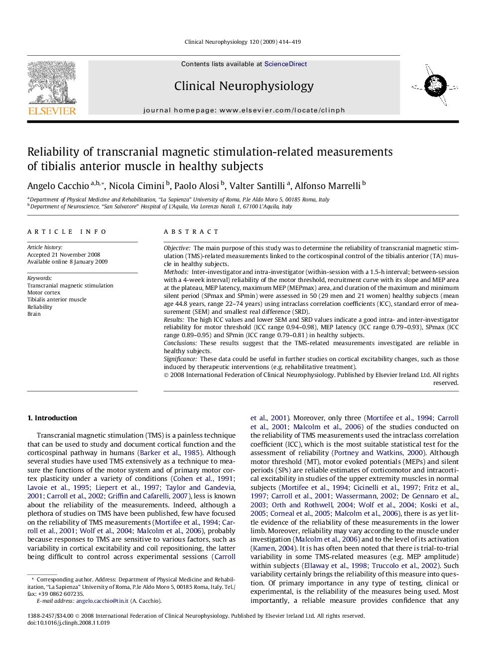 Reliability of transcranial magnetic stimulation-related measurements of tibialis anterior muscle in healthy subjects