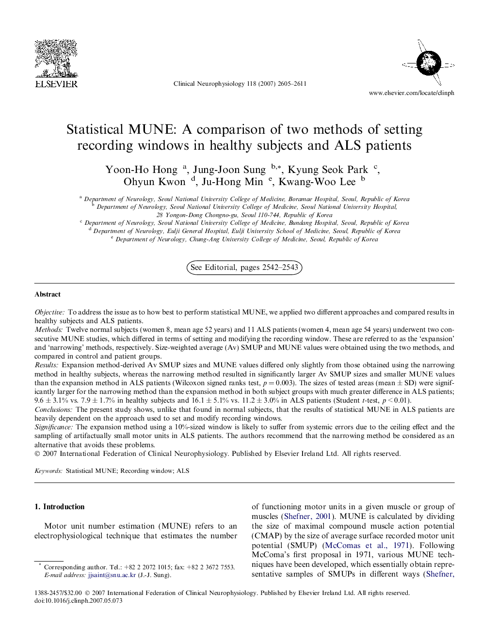 Statistical MUNE: A comparison of two methods of setting recording windows in healthy subjects and ALS patients