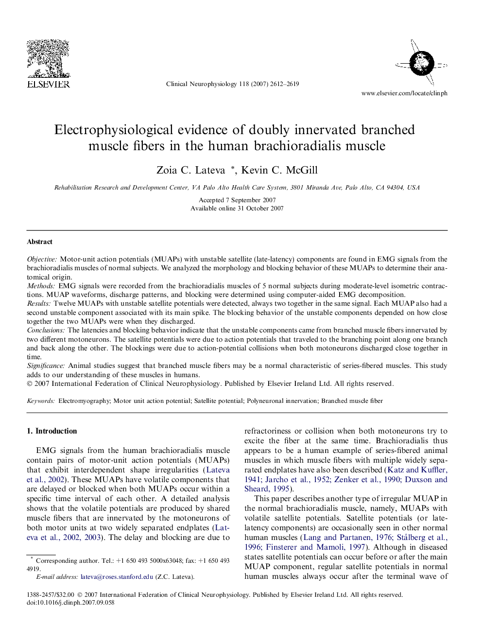 Electrophysiological evidence of doubly innervated branched muscle fibers in the human brachioradialis muscle