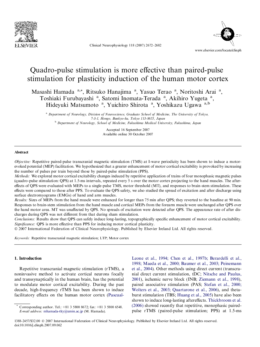 Quadro-pulse stimulation is more effective than paired-pulse stimulation for plasticity induction of the human motor cortex