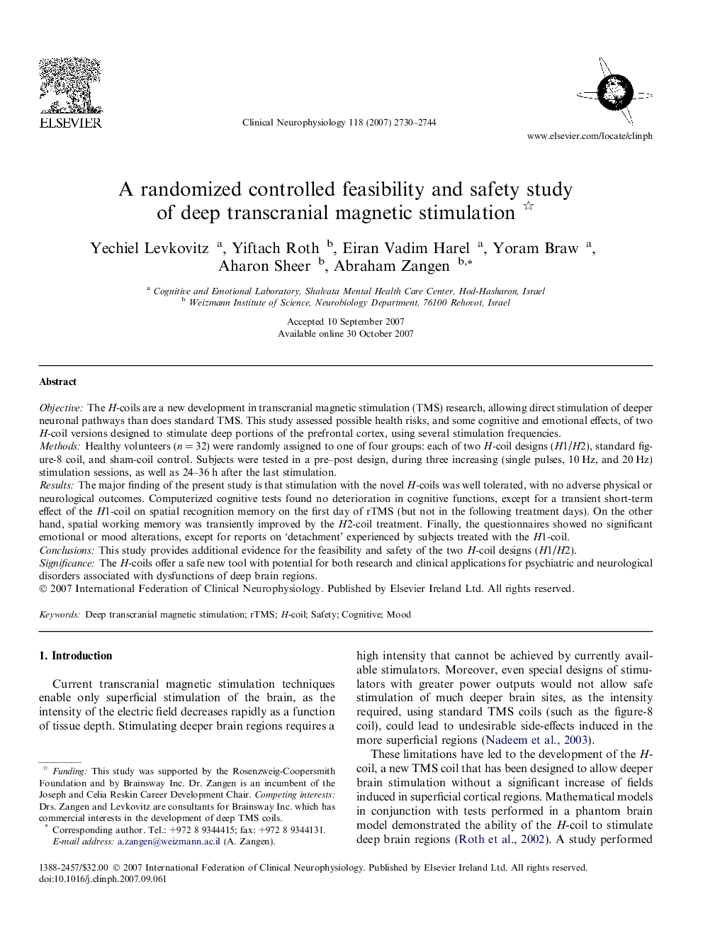 A randomized controlled feasibility and safety study of deep transcranial magnetic stimulation 