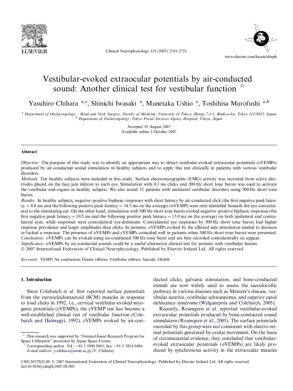 Vestibular-evoked extraocular potentials by air-conducted sound: Another clinical test for vestibular function 