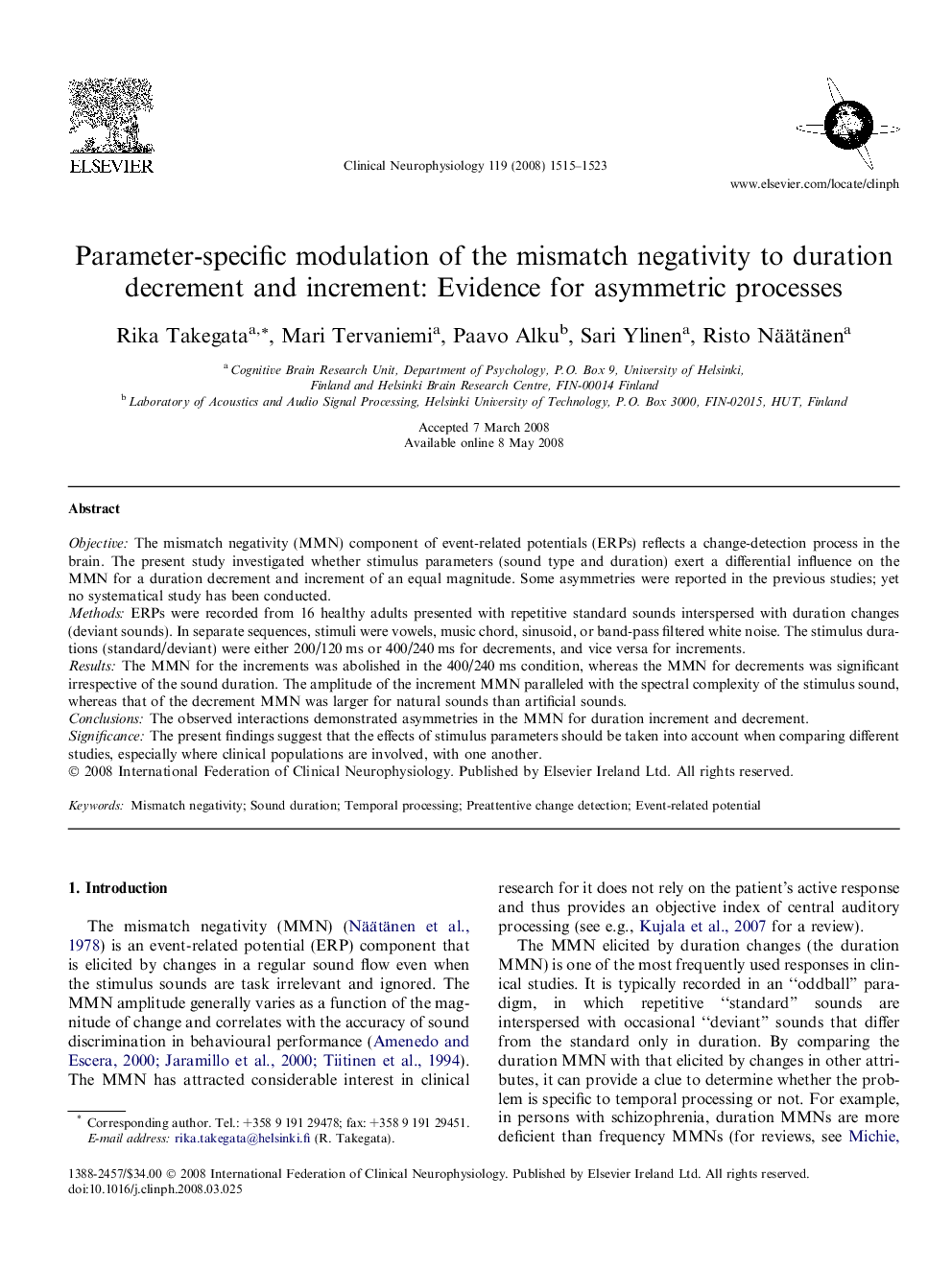 Parameter-specific modulation of the mismatch negativity to duration decrement and increment: Evidence for asymmetric processes