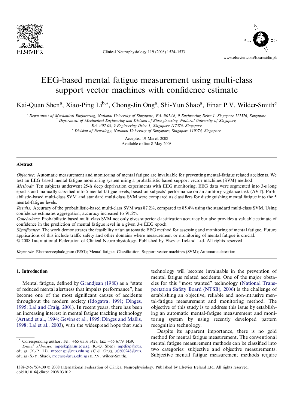 EEG-based mental fatigue measurement using multi-class support vector machines with confidence estimate