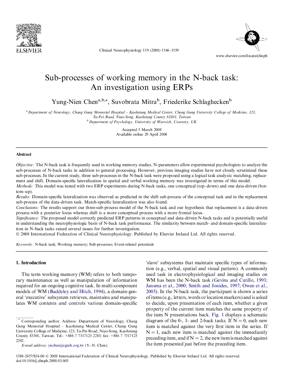 Sub-processes of working memory in the N-back task: An investigation using ERPs