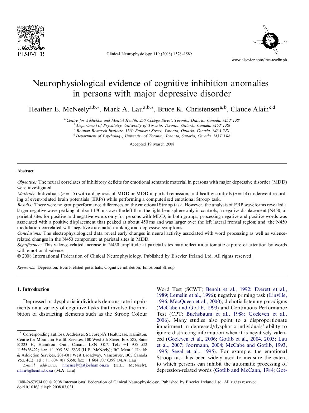 Neurophysiological evidence of cognitive inhibition anomalies in persons with major depressive disorder