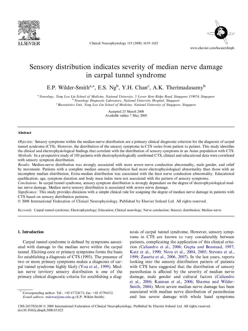 Sensory distribution indicates severity of median nerve damage in carpal tunnel syndrome