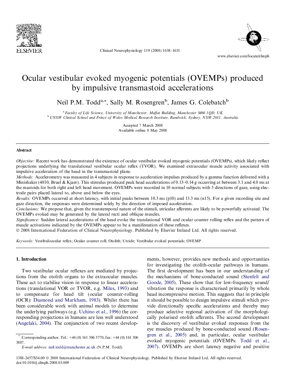 Ocular vestibular evoked myogenic potentials (OVEMPs) produced by impulsive transmastoid accelerations