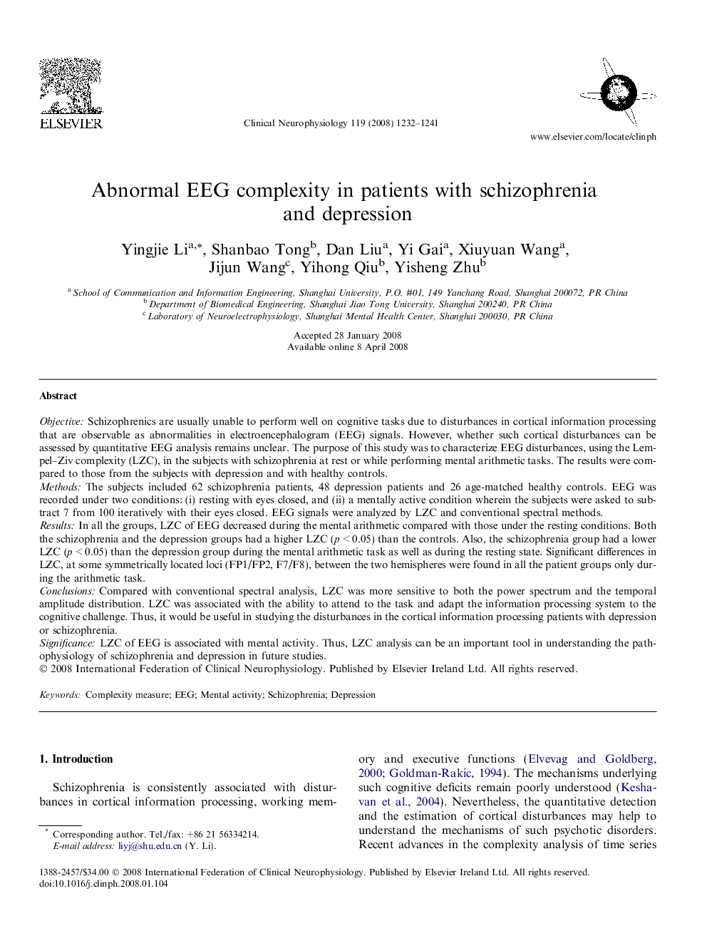 Abnormal EEG complexity in patients with schizophrenia and depression