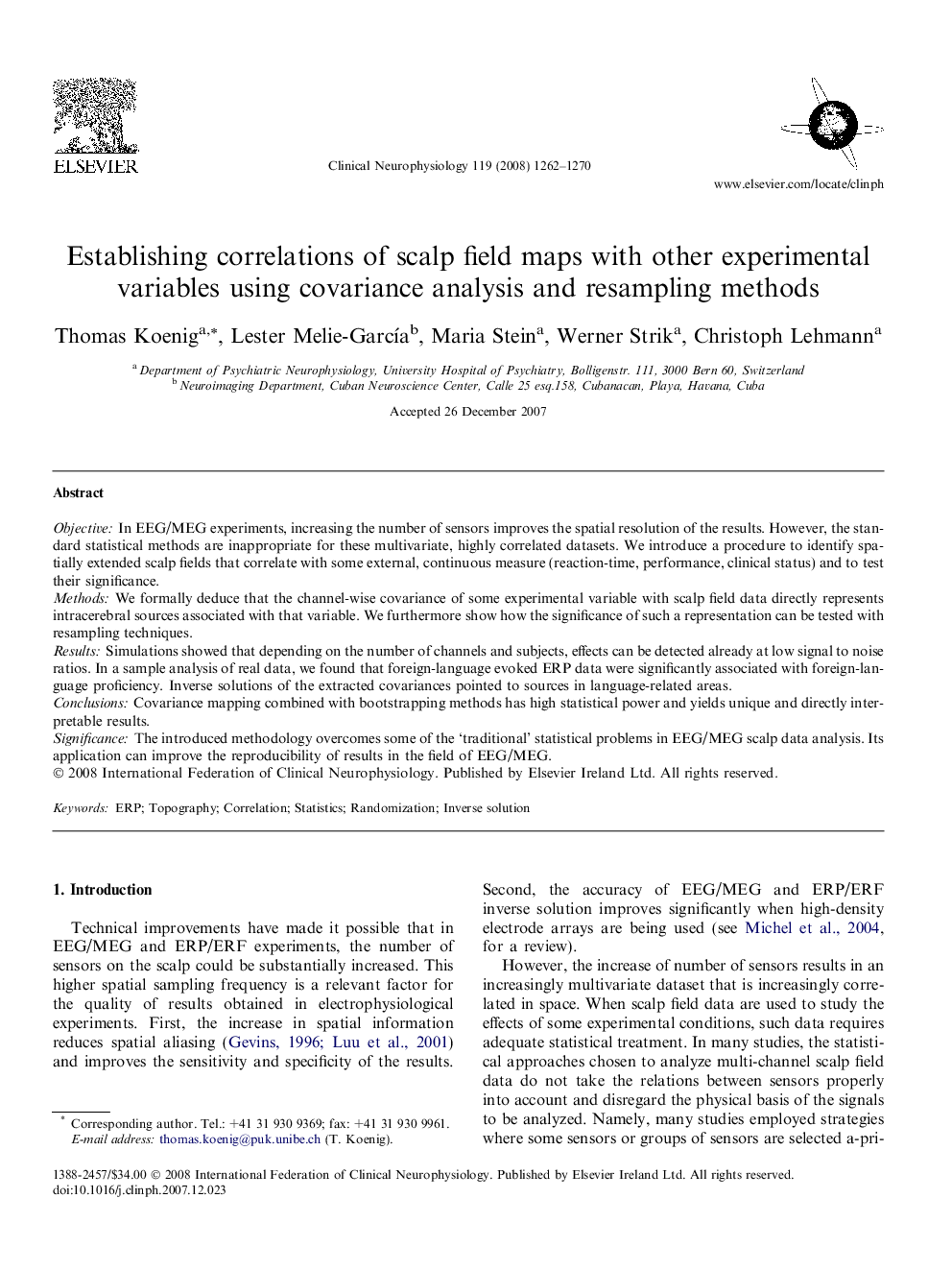 Establishing correlations of scalp field maps with other experimental variables using covariance analysis and resampling methods