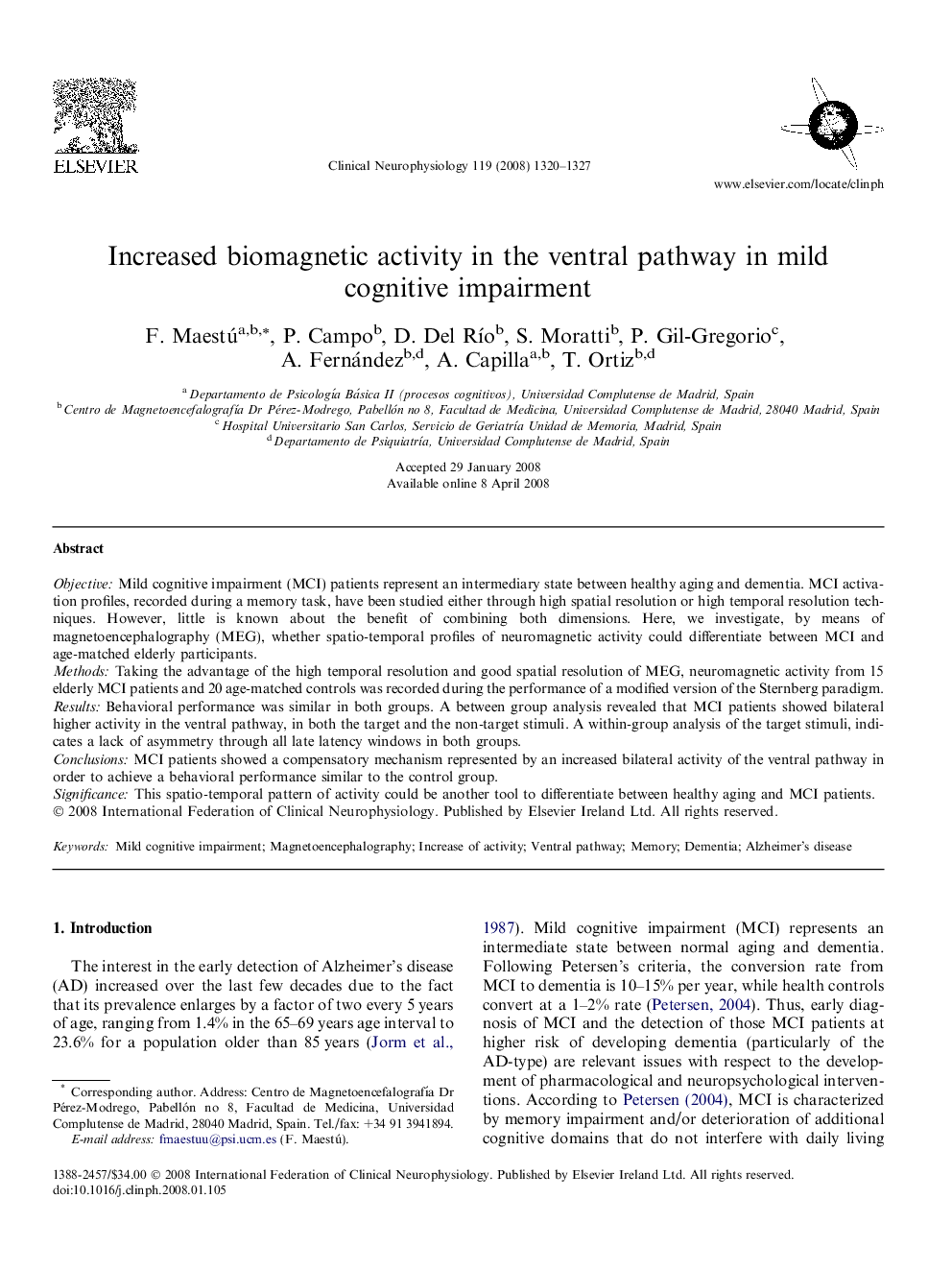 Increased biomagnetic activity in the ventral pathway in mild cognitive impairment