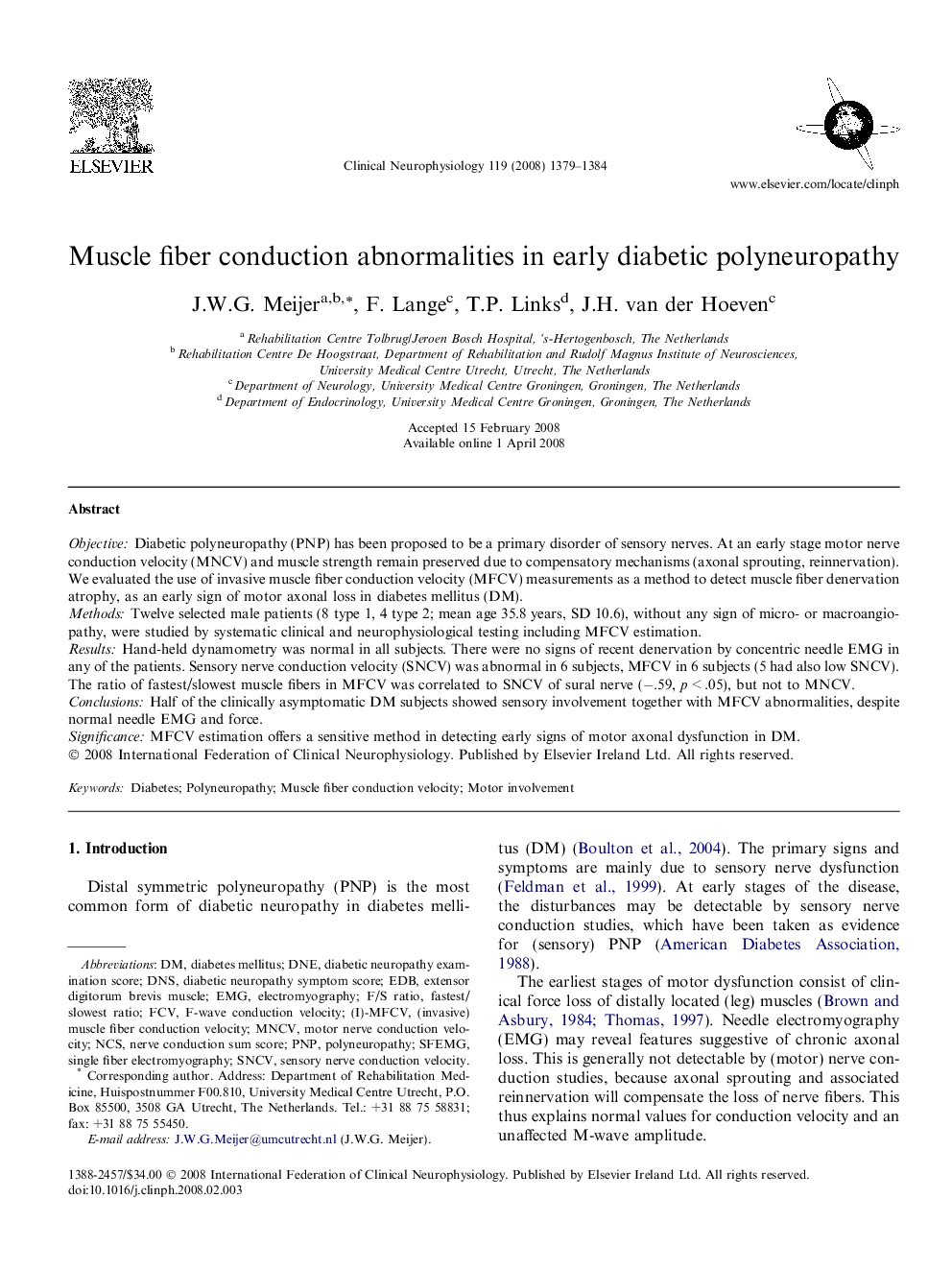 Muscle fiber conduction abnormalities in early diabetic polyneuropathy