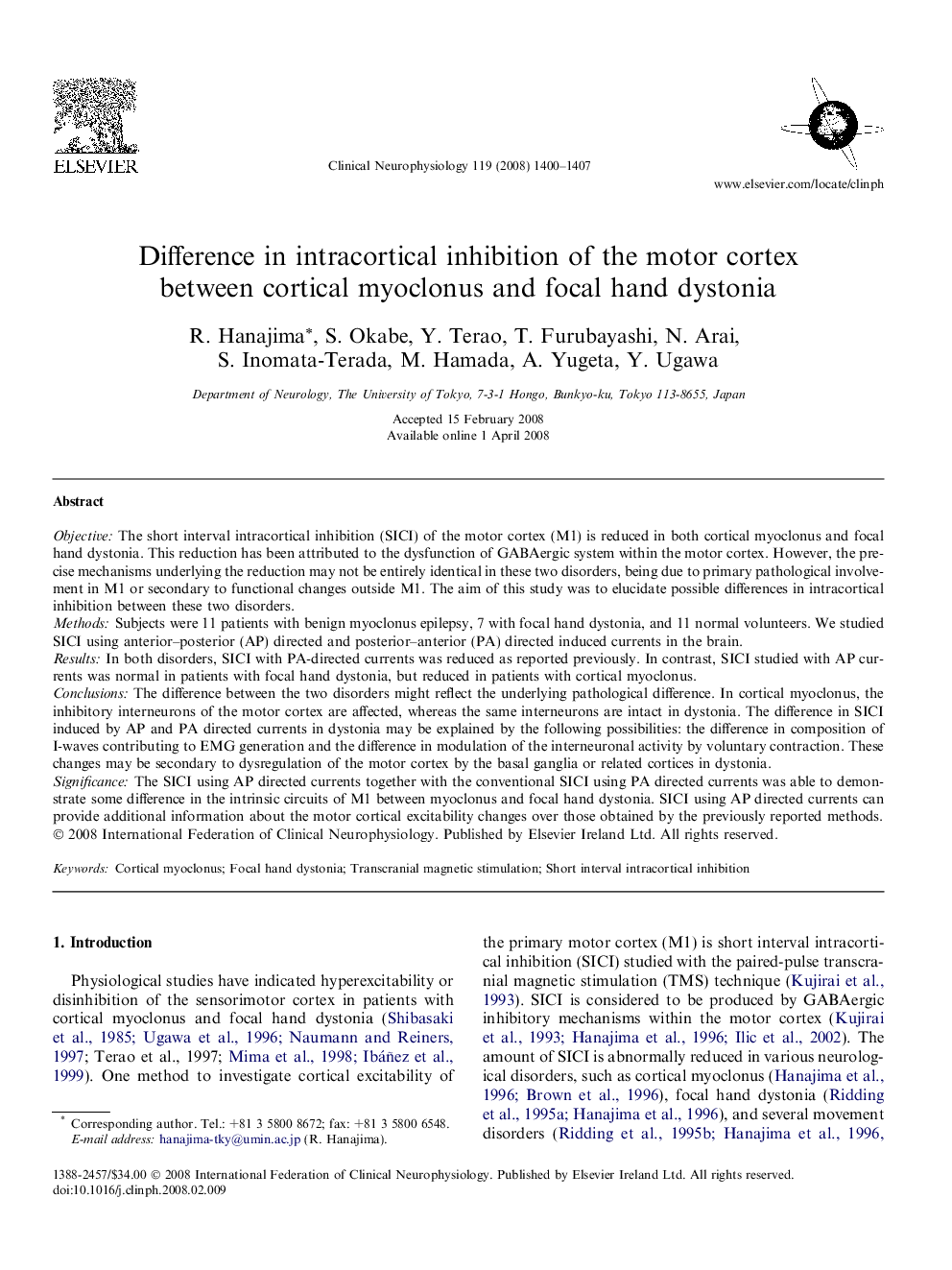 Difference in intracortical inhibition of the motor cortex between cortical myoclonus and focal hand dystonia