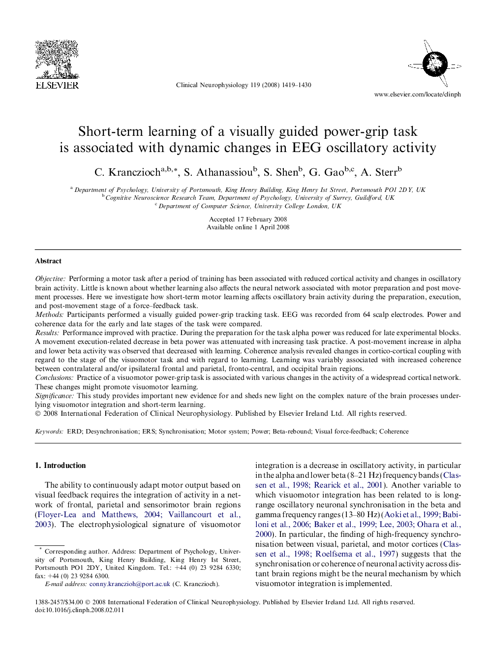 Short-term learning of a visually guided power-grip task is associated with dynamic changes in EEG oscillatory activity