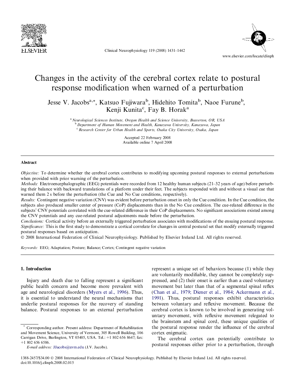 Changes in the activity of the cerebral cortex relate to postural response modification when warned of a perturbation