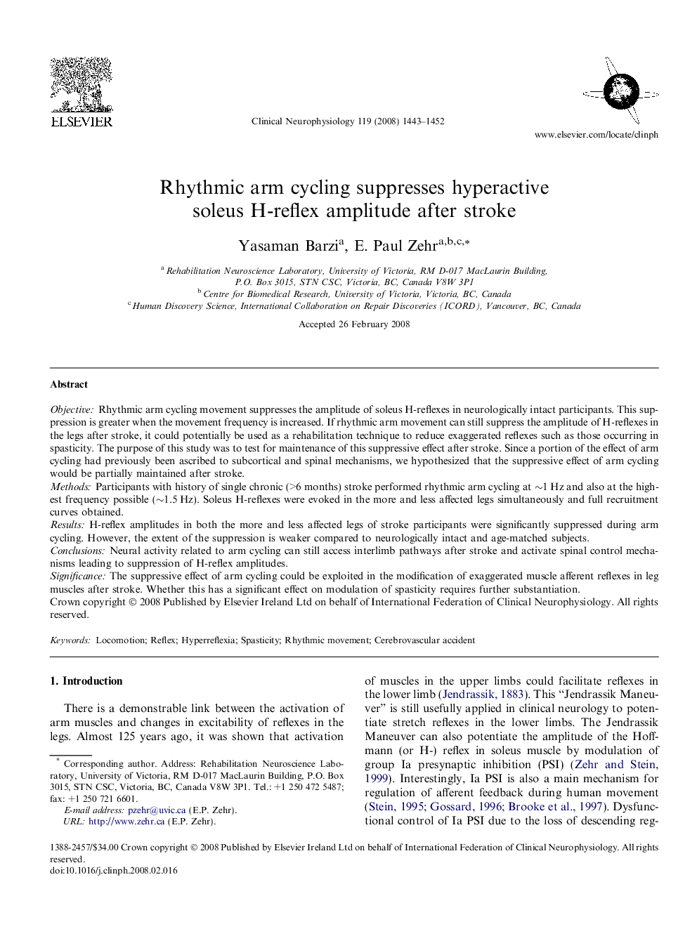 Rhythmic arm cycling suppresses hyperactive soleus H-reflex amplitude after stroke