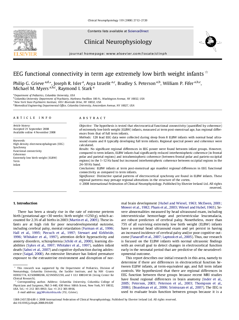 EEG functional connectivity in term age extremely low birth weight infants 