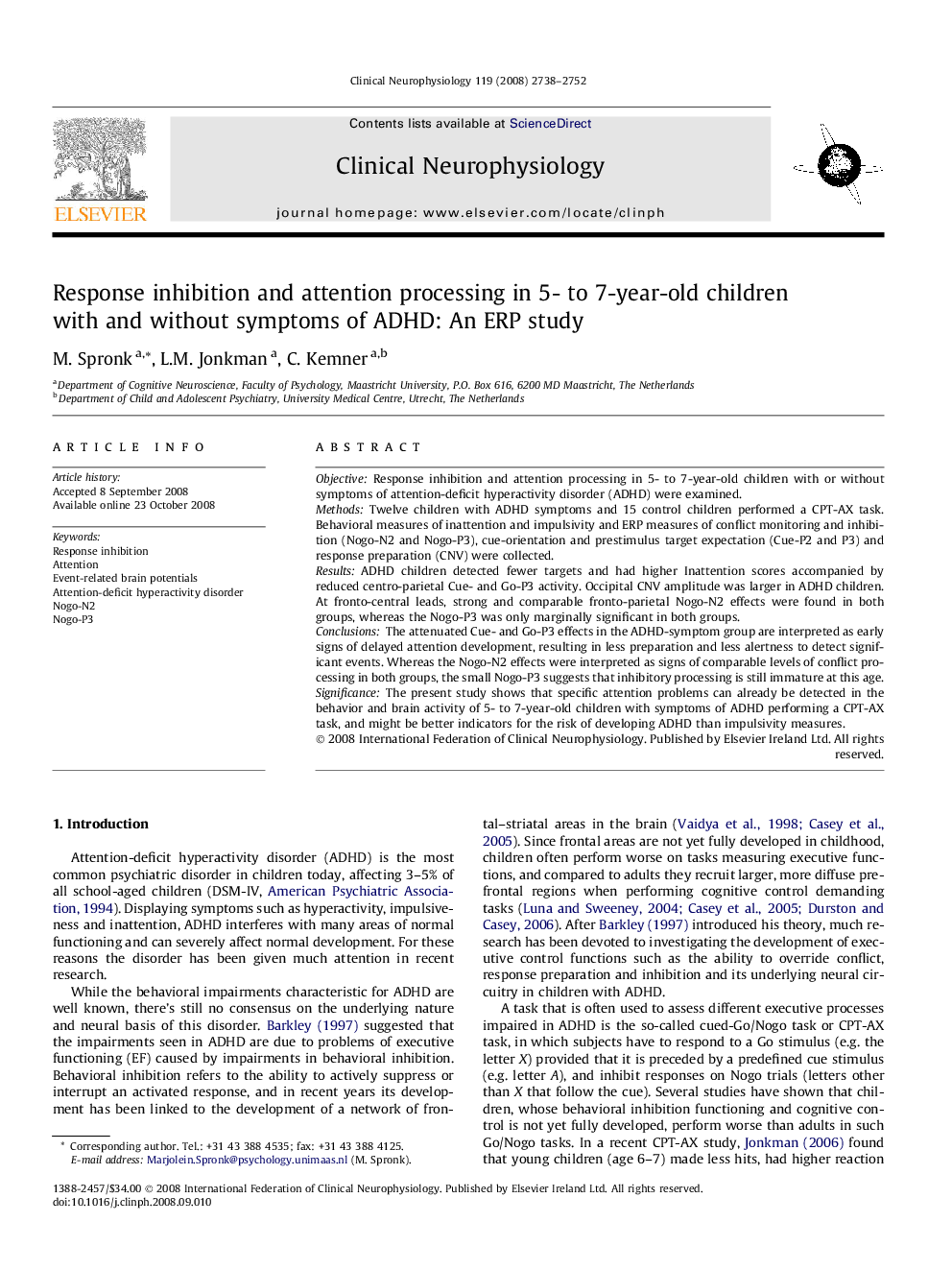 Response inhibition and attention processing in 5- to 7-year-old children with and without symptoms of ADHD: An ERP study